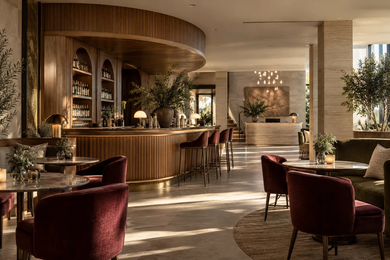 Sunlit boutique hospitality interior with a curved timber bar and inviting dining spaces