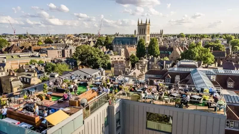 The Varsity Hotel rooftop terrace above Cambridge